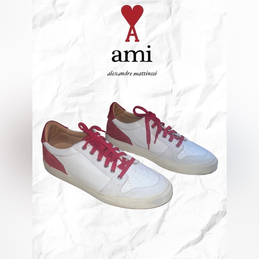Ami Alexandre Mattiussi White and Red Low Top Trainers